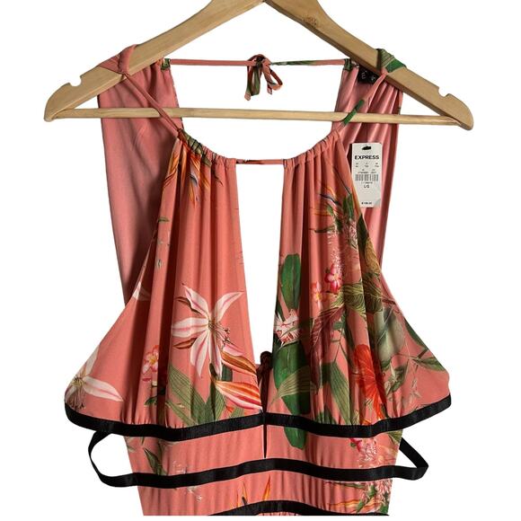 Express Coral Pink Strappy Tropical Floral Print Cut Out Maxi Dress Size Large - Picture 9 of 9